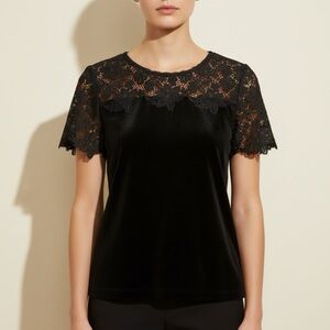 Karl Lagerfeld Black Velvet Lace Short Sleeve Top